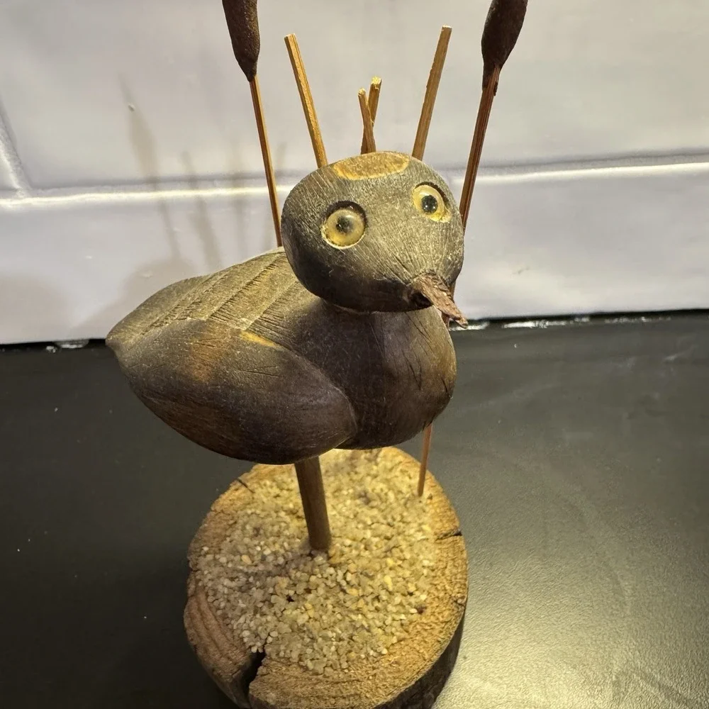 Vintage Wood Duck in The Reeds  Hand‎ Carved Folk Art On Live Edge Stand